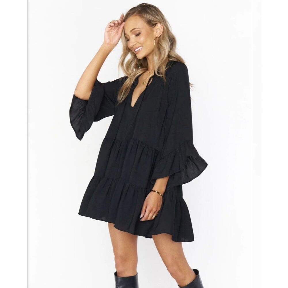 Show Me Your Mumu Viola Mini Dress S Black Flounce Sleeve Tiered Babydoll Boho